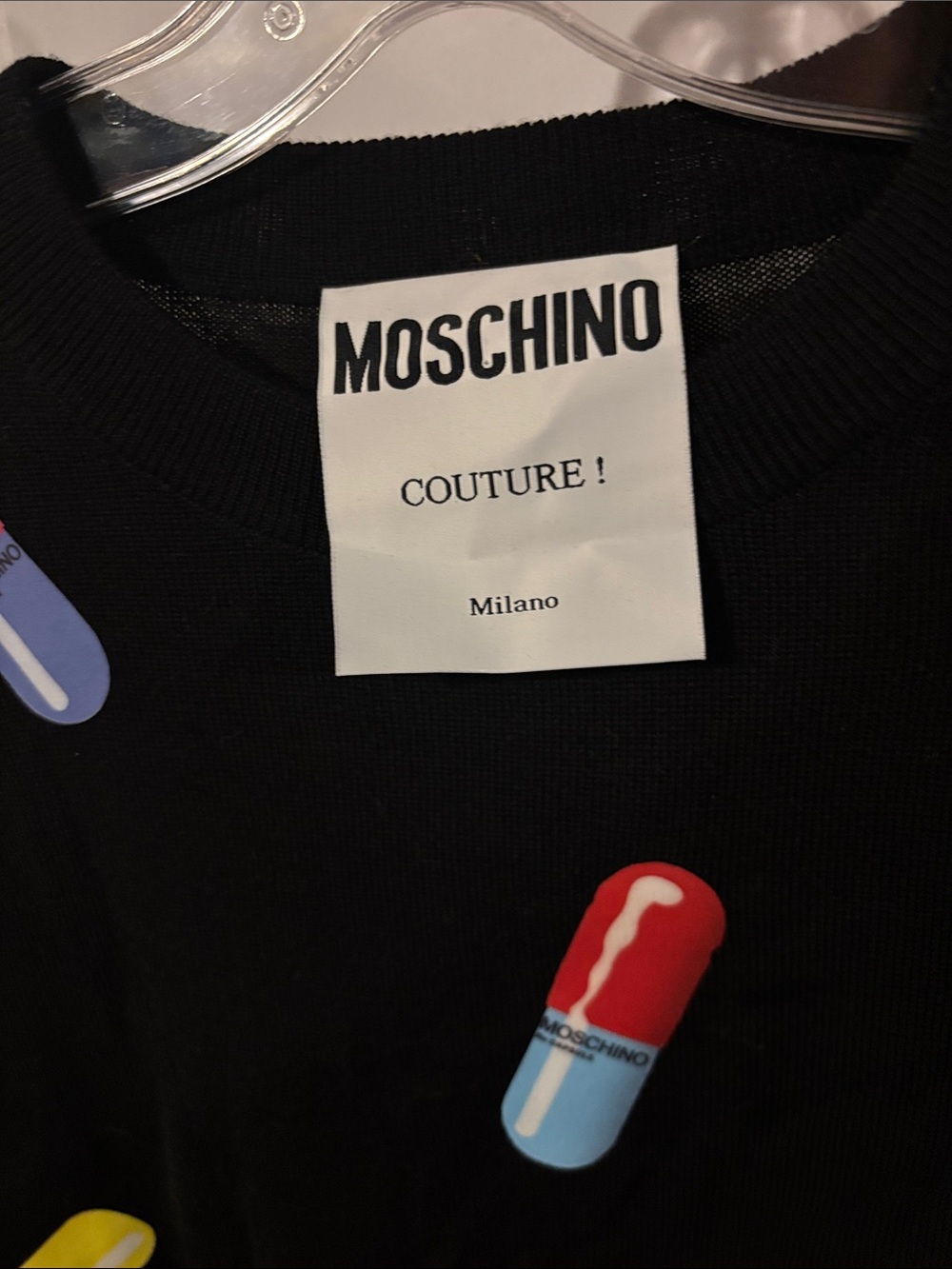 Moschino Black Crewneck Sweater with Multicolor Pill Motifs - Picture 2 of 4